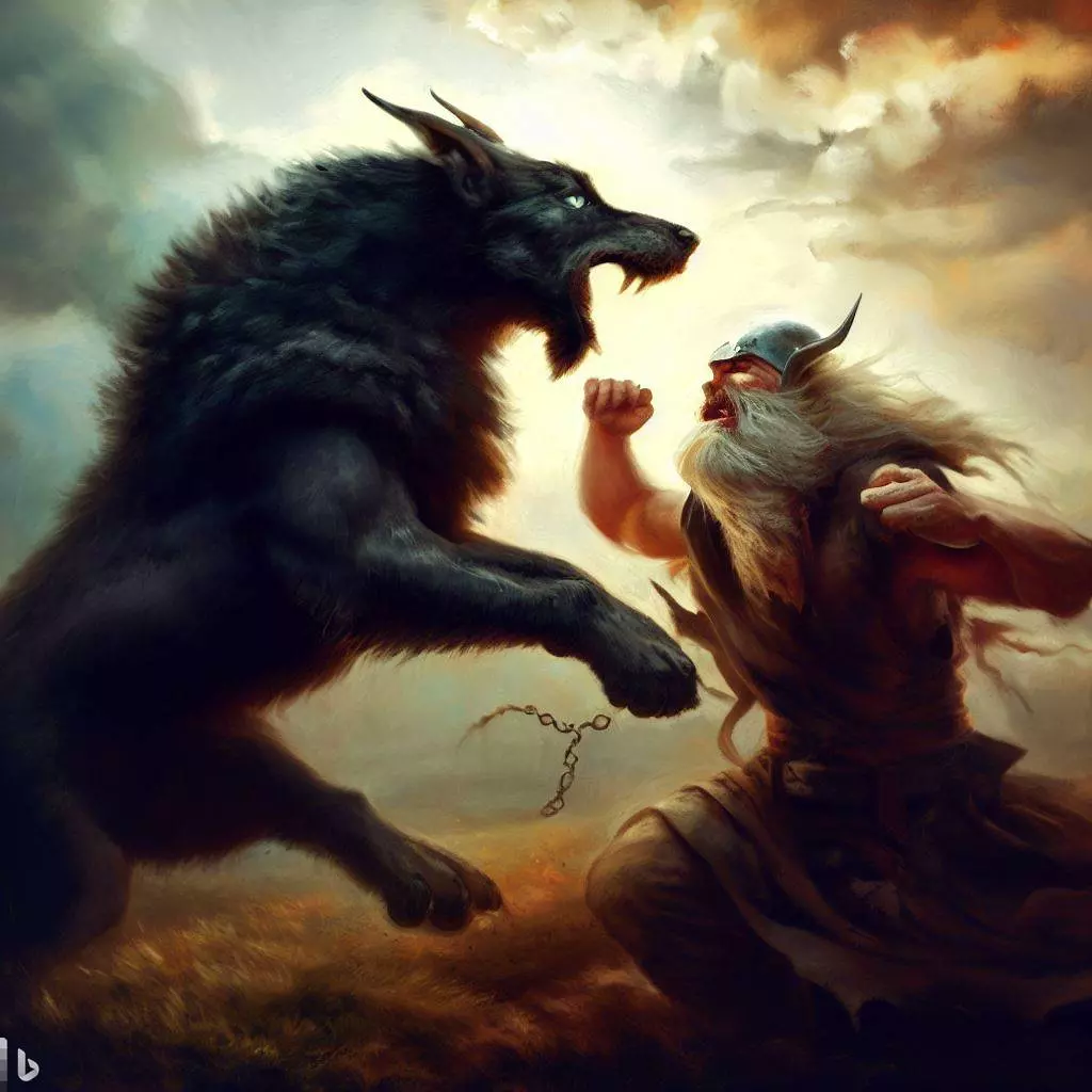 Le plus grand des dieux, Odin, se battant contre Fenrir, le dieu loup, lors du ragnarok