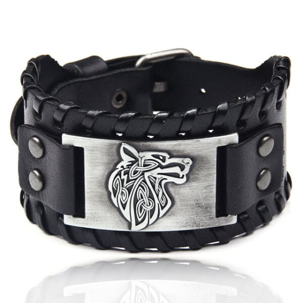 Bracelet FENRIR HOFUD noir et acier avec une tête de loup