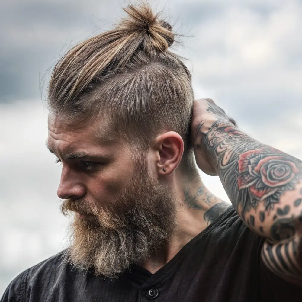 Homme viking avec coiffure en chignon haut