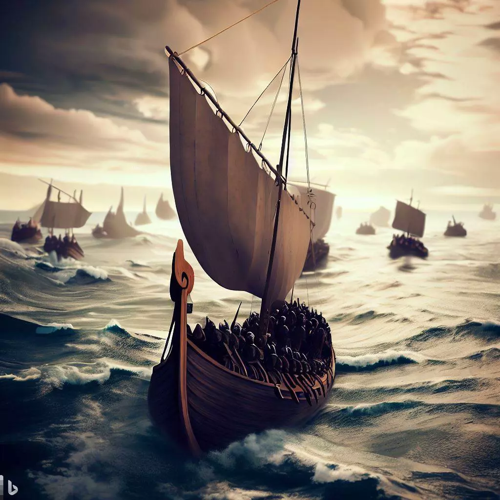 Drakkar viking naviguant en direction des cotes de l'angleterre