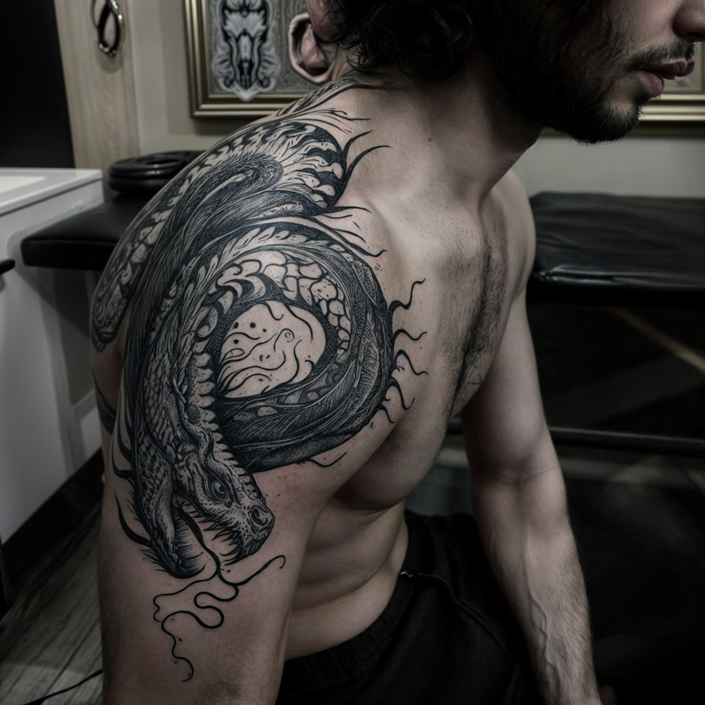 EPAULE TATOUEE JORMUNGAND STYLE REALISTE